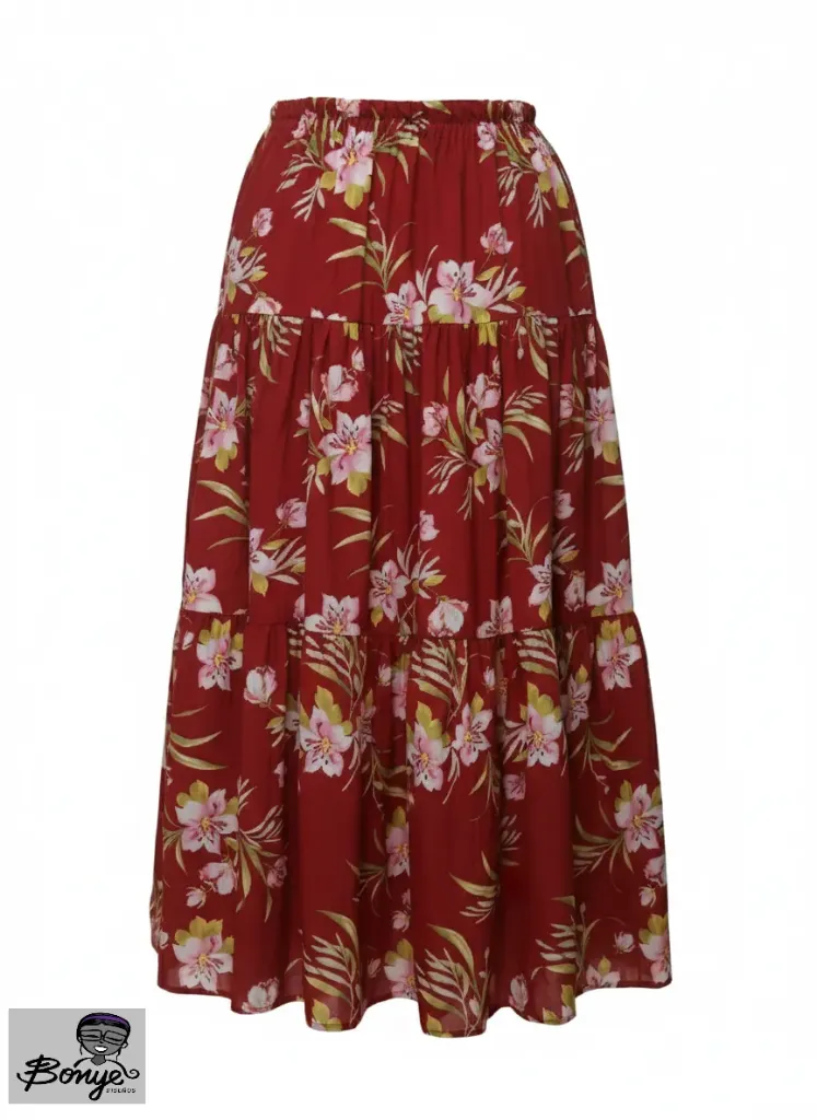 Falda Maxi "Amanecer Floral" – Tono Carmín y Niveles